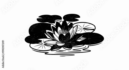 Black and white illustration of a water lily with lily pads on water