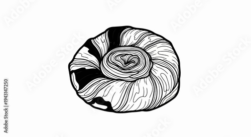 Black and white line art drawing of a swirled baked good, top down view