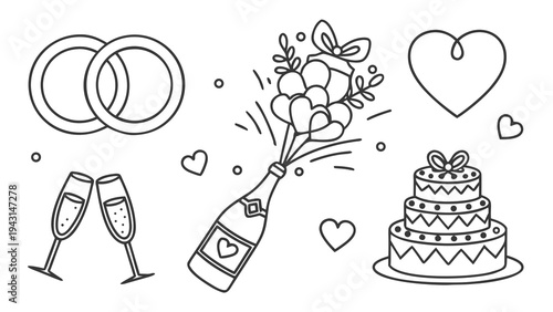 Wedding celebration icons: rings, champagne glasses, cake, hearts, and champagne bottle