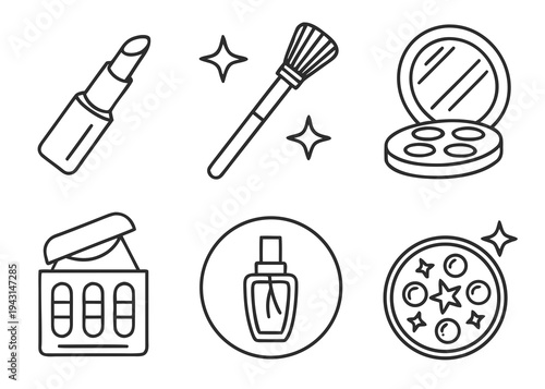 Cosmetics and makeup icons: lipstick, powder compact, perfume bottle, makeup brush