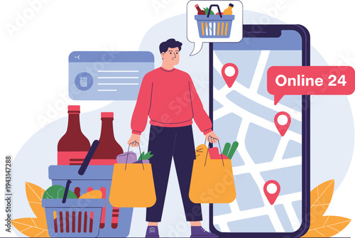 Online grocery delivery service with mobile shopping map, man carrying food bags, supermarket app vector illustration