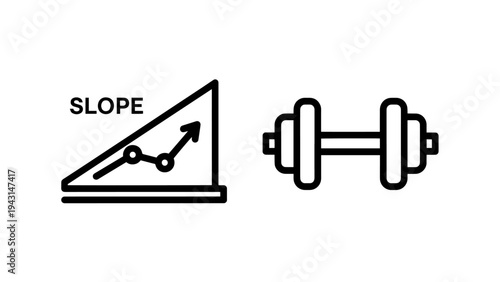 Slope and dumbbell icons: growth trend, fitness progress, strength training, and data anaiysis