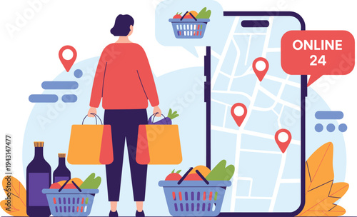 Online grocery shopping and delivery service, woman carrying food bags with mobile map, supermarket app vector illustration