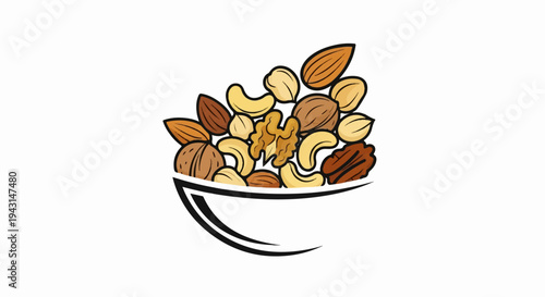 A vibrant illustration of a variety of nuts in a stylized bowl