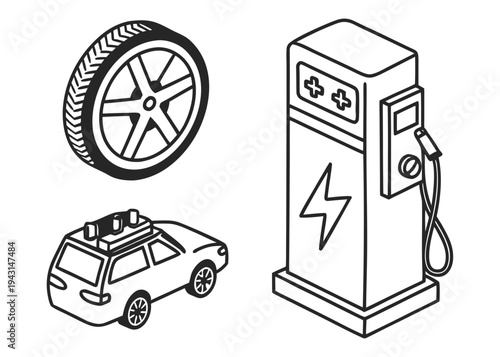 Electric car charging station, tire, and ev wagon line art icons for sustainable transportation