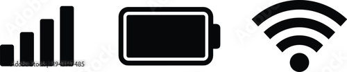 Black mobile interface icon set featuring a cellular network signal bar, a battery charge level indicator, and a wireless wifi connection symbol.