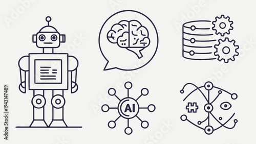 Artificial intelligence icons: robot, brain, AI chip, data gears for future tech