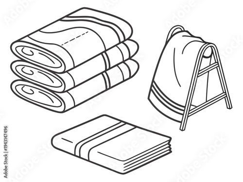 Stack of folded towels and towel on rack, bathroom hygiene and cleanliness line art icon
