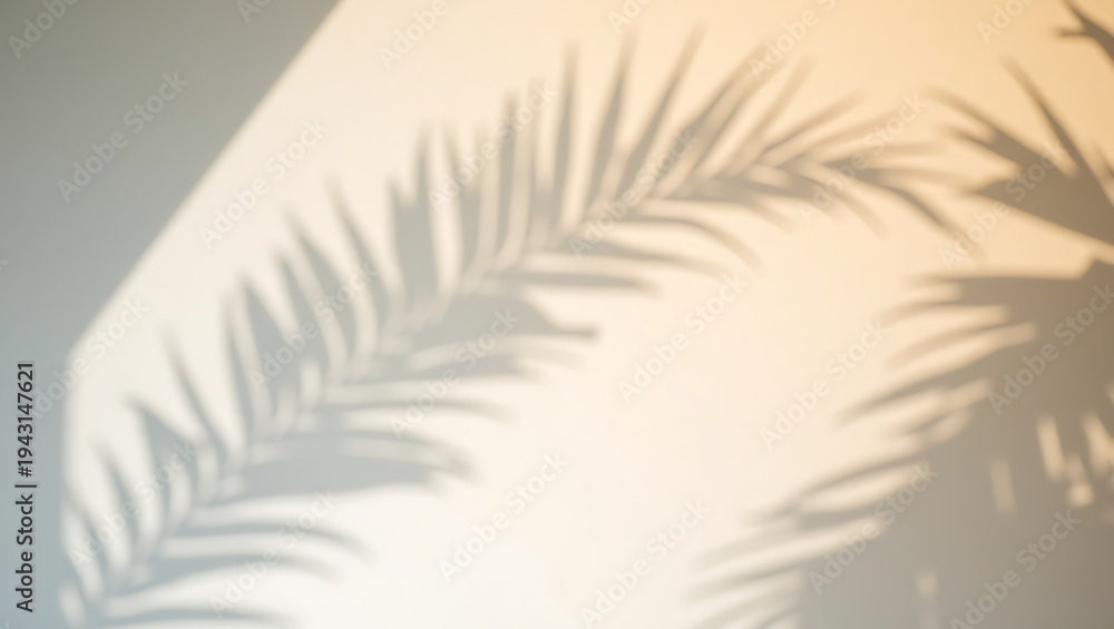 Fototapeta premium Shadow of palm leaves on wall in warm ambient light 