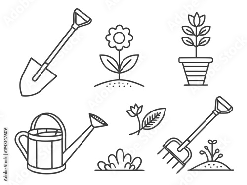 Gardening tools and plants, shovel, watering can, potted plant, seedling line art icons