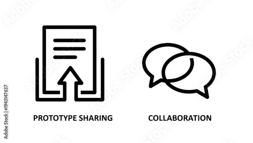 Prototype sharing icon with upload arrow and collaboration speech bubble icons for teamwork