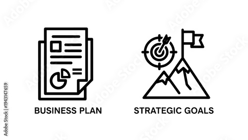 Business plan document and strategic goais icons for corporate planning and achievement outline