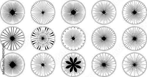 Collection of black abstract circular burst and starburst white background circle
