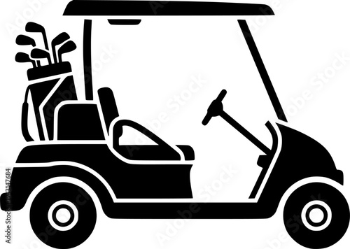 Black and White Icon of a Golf Cart with Clubs
