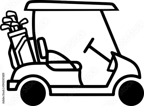 Black and White Icon of a Golf Cart with Clubs
