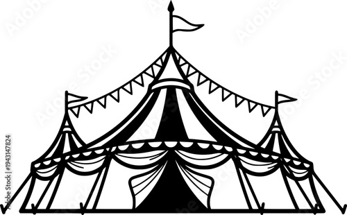 Black and White Illustration of a Classic Circus Tent with Flag and Bunting
