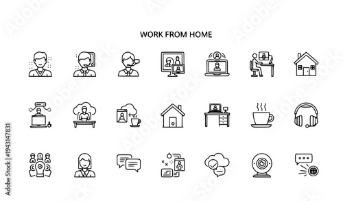 Work From Home Line Editable Icons Set with Remote Work Freelancer Video Conference and Home Office Pixel Perfect Vector