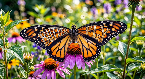 Butterfly's Botanical Beauty: A majestic butterfly, resplendent with intricate patterns and vibrant colors, perched delicately upon a radiant bloom, surrounded by a vibrant tapestry of garden flora. 