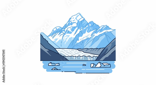 Stylized icy mountains and glacial lake with floating ice chunks