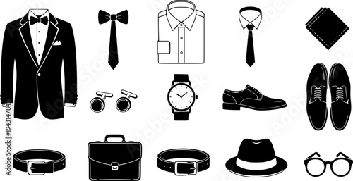 Collection of Black Icons Representing Formal Menswear and Accessories
