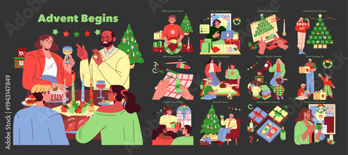 Advent Celebration Vector Illustration with Festive Activities