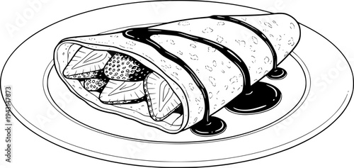 A black and white illustration of a delicious strawberry crepe on a plate
