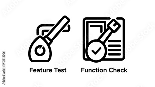 Feature test and function check outline icons for software quaiity assurance and development processes