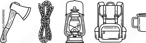 Camping Gear Icons Axe, Rope, Lantern, Backpack, and Mug
