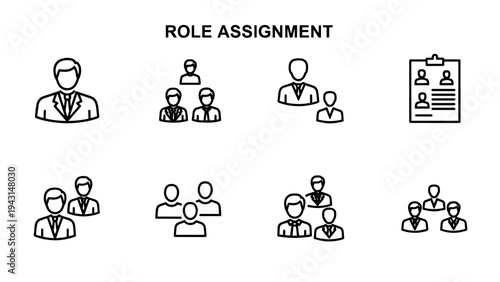 Role assignment line icons set with business people and clipboard, representing team structure and delegation