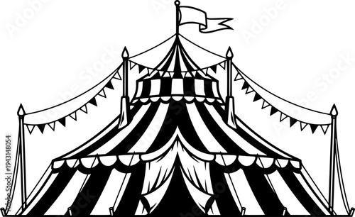 Black and White Illustration of a Classic Circus Tent with Flag and Bunting
