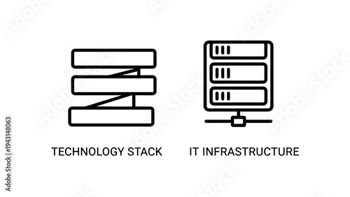 Technology stack and it infrastructure line icons, representing software architecture and server management