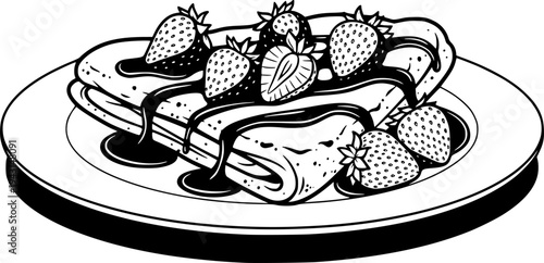 A black and white illustration of a delicious strawberry crepe on a plate
