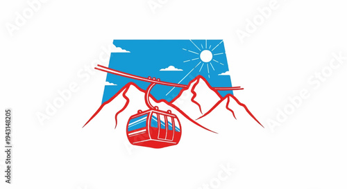 Red cable car ascends past snowy peaks under bright sun