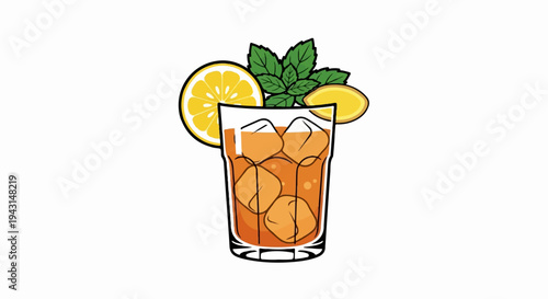Refreshing iced tea in a glass with lemon slices and mint leaves