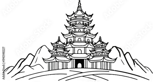 Ornate layered pagoda structure with surrounding mountainous terrain