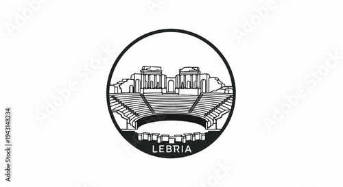 Monochrome illustration of an ancient Roman amphitheater within a circular frame