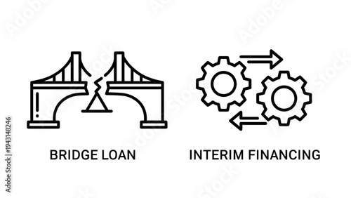 Bridge loan and interim financing icons representing temporary financiai solutions and dynamic business processes