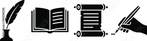 Black silhouette icon set featuring a quill pen in inkwell, open book, ancient paper scroll, and a hand writing with a pen.