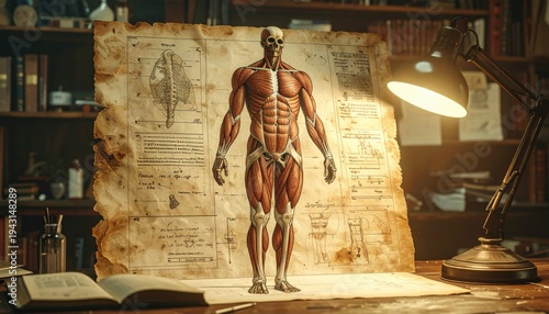 Detailed human anatomy drawing showcasing muscular structures and skeletal system on vintage parchment