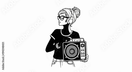 Stylish woman with headphones and a boombox on a white background