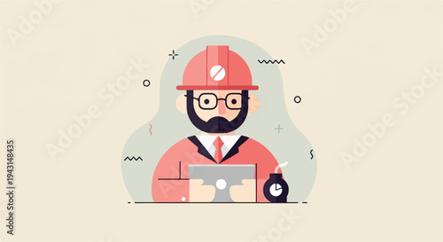 Cartoon engineer in hard hat and glasses holds tablet, black bomb drink