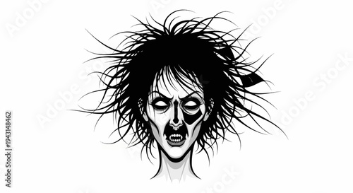 Spooky disheveled face with wild hair and fangs