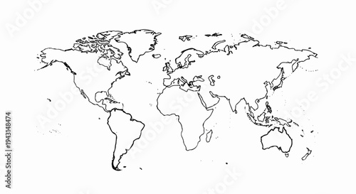 A simple, black and white outline of the world map showing continents and islands