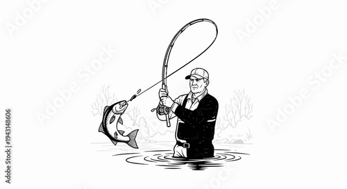 Angler reels in a jumping fish while standing in the water