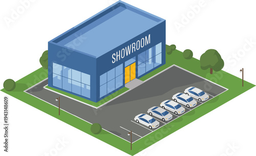 Automobile showroom dealership building, modern car sales center, vehicle retail showroom with parking lot, automotive business illustration concept