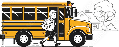 A smiling boy with a backpack walks towards a school bus, ready for education