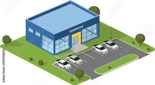 Car showroom building exterior, automobile dealership showroom, modern vehicle sales center, parking lot cars, commercial auto retail illustration
