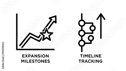 Business growth chart and timeline tracking icons set, vector icons for strategy and progress