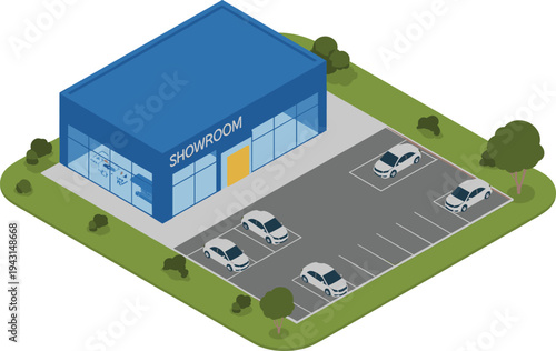 Car showroom dealership building, automobile retail sales center, modern vehicle showroom exterior with parking lot, automotive business illustration