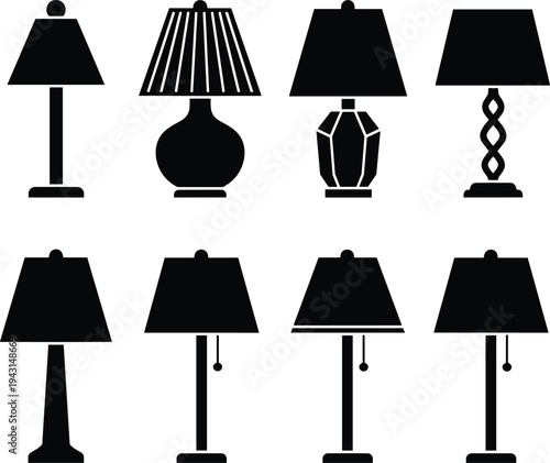 Black silhouette icon set featuring various table lamps and desk lights with different lampshade styles for home interior design and office decor.